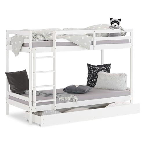 Homestyle4u 1432, Etagenbett 90x200 cm 2 Kinder mit Stauraum Kinderbett Weiß Bettgestell mit Treppe Bettkasten Kiefer