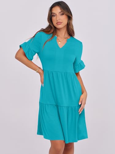 Image of ANRABESS Women's Summer Casual Dress, V-Neck Ruffle Sleeve Tiered Mini Dress, Soft Comfy Fabric with Pockets for All-Day Wear