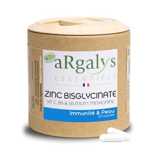 Zinc Bisglycinate Hautement Assimilable + Vitamine C, B6 & Sélénium - Immunité, Acné, Peau & Cheveux - 100% AJR - Formule Complète - 2 Mois - 60 Gélules vegan - Fabriqué en France - Argalys