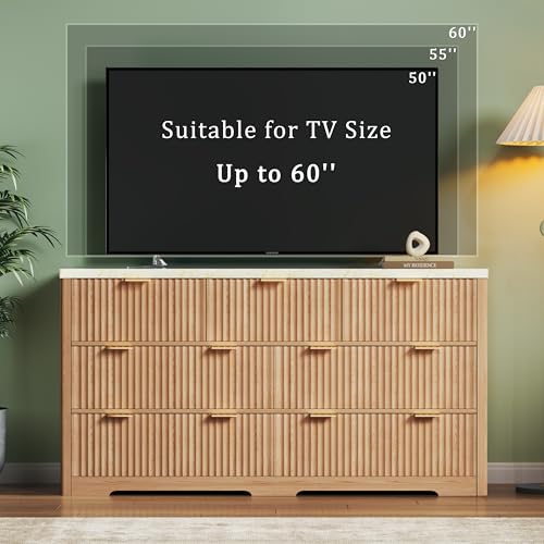 Image of Fluted Dresser for Bedroom with 7 Drawers, 53 inch Wide Mid Century Modern Dressers with Faux Marble Top & Metal Handle, Wooden Chest of Drawers TV Stand, Natural Wood Closet Storage Organizer,Natural Oak