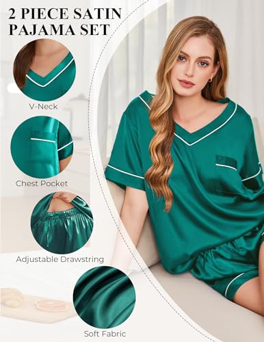 Image of Silk Pajamas for Women Short Sleeve Satin 2 Piece Pj Set Soft V Neck Sleepwear Loungewear, S-XXL