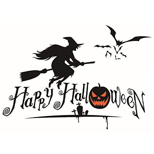 Boodecal Happy Halloween with Flying Witch and Bats Art Design for House Decoration Removable Halloween Series Wall Decals