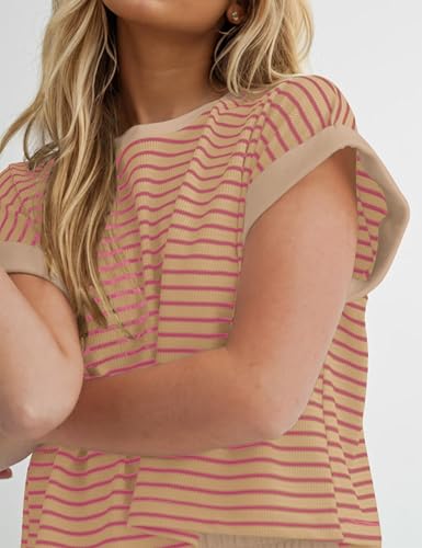 Image of Burtell Women Summer 2 Piece Lounge Sets Striped Short Sleeve Tee Shirts Mini Shorts Loungewear Shorts Set Ribbed Pajama Set