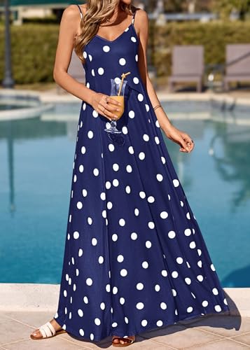 Image of KIRUNDO Womens Polka Dot Spaghetti Strap Flowy Maxi Dress | Sleeveless V Neck Boho Long Dresses, 2026 Summer Beach Vacation Cruise Outfits, A-Line Backless Sundress With Pockets