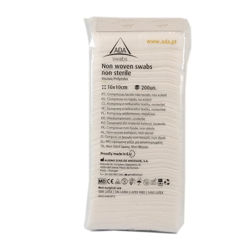ADA swabs - Gasas No Estériles - 10x10 Cm. - Pack 200 Unidades - Gasa 100% Hidrófilo de Algodón, Para Bebes - Gasas No Tejidas en TNT