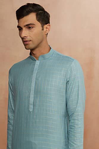 Image of Manyavar Men's Art Silk Checkered Self Design Mandarin Collar Kurta Set (2pcs)
