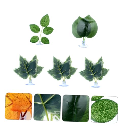 BESTonZON 5Pcs Artificial Pet Plants for Reptile Terrarium Decor Simulation Leaves with Suction Cup Random Color Style for Bearded Dragons Lizards Frogs and Snakes
