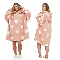 Dreamscene Heart Print Hoodie Blanket Blush, Oversized Blanket Hoodies Women Sherpa Lined Soft Fluffy Warm Snuggle Hoodie for Girls Comfy Fleece Wearable Blanket