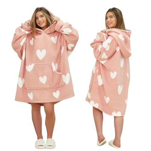 Dreamscene Heart Print Blanket Hoodie Gifts for Women Super Soft Sherpa Fleece Warm Cosy Oversized Hoodie Wearable Blanket Snoodie Hooded Sweatshirt for Women Adult Girls Blush Pink