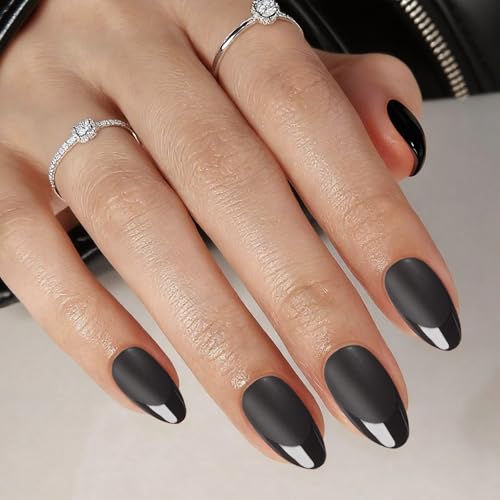 Press On Nails Short Almond Black Nails with Glossy French Tips i...