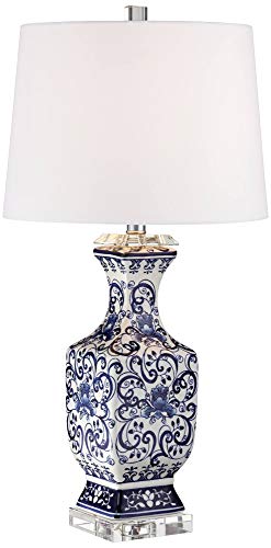 Barnes and Ivy Iris Traditional Country Cottage 3-Way Table Lamp with Table Top Dimmer 28" Tall Blue White Floral White Porcelain Drum Shade Living Room Bedroom House Bedside - Image 3