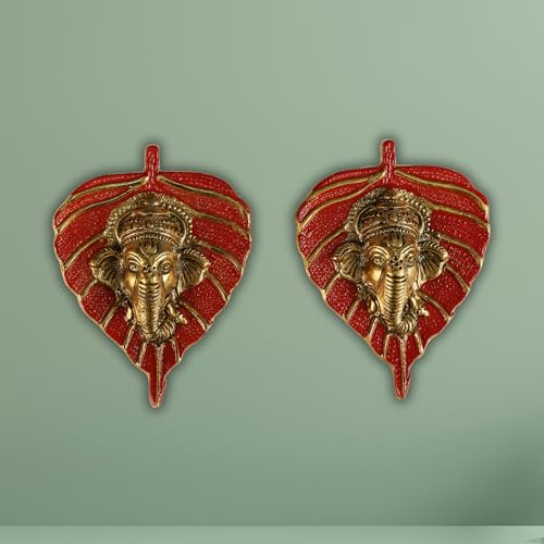 Charmy Crafts Small Metal Ganesha On Leaf, Wall Hanging, Room Decor, Best Housewarming, Gifts Article for Wall Decor Set of 2(Sunny Golden Finish) (Fire Brick Red)