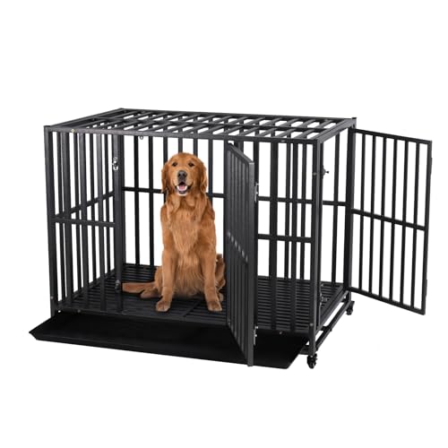 SMONTER Heavy Duty Dog Crate-38 inch Large Metal Dog Cage with 2 Doors and 4 Wheels, Stackable Dog Kennel for Large & Medium Dogs, Removable Tray