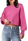 MEROKEETY Oversized Cropped Sweaters for Women Fall 2025 Trendy Crewneck Batwing Sleeve Knit Tops Side Slit Pullover Sweater Jumper HotPink Small