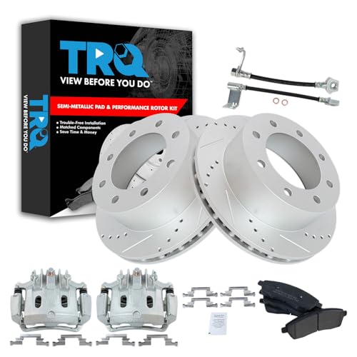 Image of TRQ Rear Brake Pad & Rotor Kit Performance Semi-Metallic Premium G-Coated Driver & Passenger Side Compatible with 2000-2005 Ford Excursion 2001 F-250 Super Duty 2000-2001 F-350 Super Duty