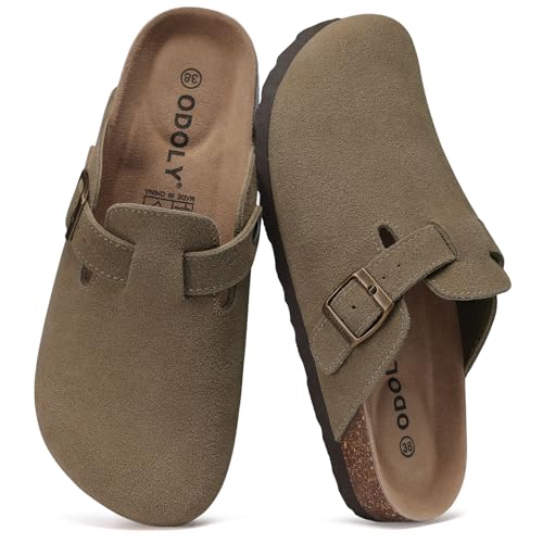 Genuine Suede Clogs for Women Men Soft Cork Footbed Leather Mules Comfort Potato Shoes with Arch Support