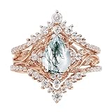 SWKGYBO Moss Agate Engagement Ring Set for Women - 1ct Pear Cut, 10K 14K 18K Vintage Leaf Wedding Rings, 3pcs V Shaped Anniversary Promise Bridal Set