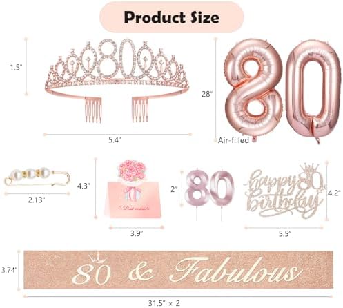 8pcs 80th Birthday Decorations for Women, Including 80 Birthday Cake Topper, Birthday Queen Sash with Pearl Pin, Sweet Rhinestone Tiara Crown, Number Candles and Balloons Set, Rose Gold - 3
