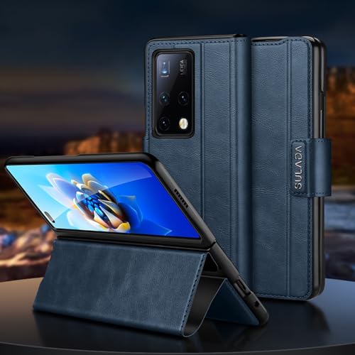 Coque Huawei Mate X2 antichoc, étui cuir rabat magnétique et béquille de protection fine bleu