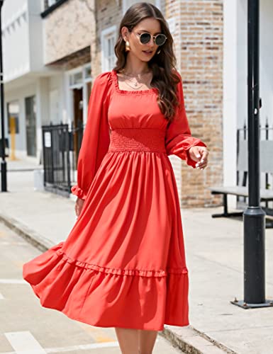 Missky Women's Square Neck Puff Long Sleeve Smocked Waist Boho Midi Dresses A Line Flowy Ruffle Casual Dress #TOP1