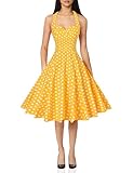 V Fashion Women 's Rockabilly 50s Vintage Polka Dots Halter Cocktail Swing Dress Yellow and White Medium