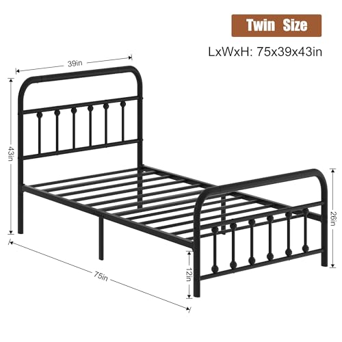 Image of Shintenchi Twin Size Metal Platform Bed Frame with Headboard & Footboard, Steel Slat Mattress Foundation, Under Bed Storage, Noise-Free, No Box Spring Needed, Black Round