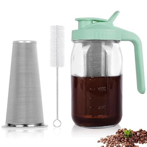 Image of Cold Brew Coffee Maker,32 oz Mason Jar Pitcher with Stainless Steel Filter, Pour Spout Handle Lid, Heavy Duty Glass Airtight & Leak-Proof Pitcher for iced coffee Tea Lemonade-Green
