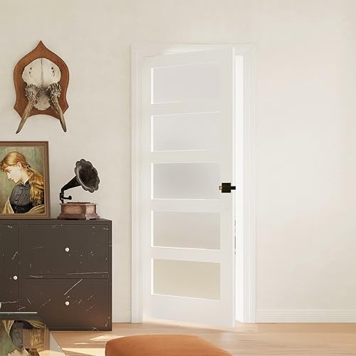 Image of 28 inch x 80 inch Interior Door, 5-Lite Frosted Glass Pantry Door with Black Door Lever, Single Slab Door Panel for Closet & Bedroom, Classic Style as Prehung, Pocket, Bifold, Barn Doors