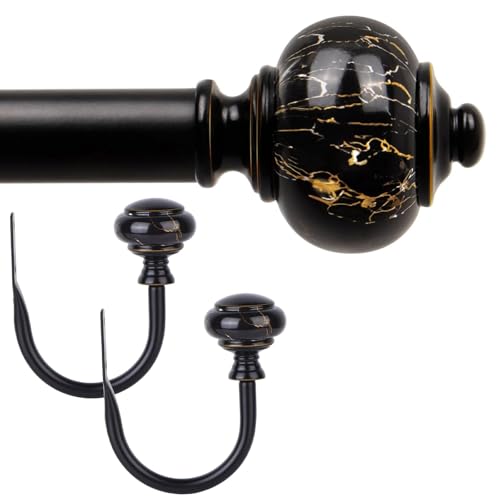 KAMANINA Bundle of 66-144" Curtain Rod and Matched Holdbacks 1 Pair, Marbled Ends, Black