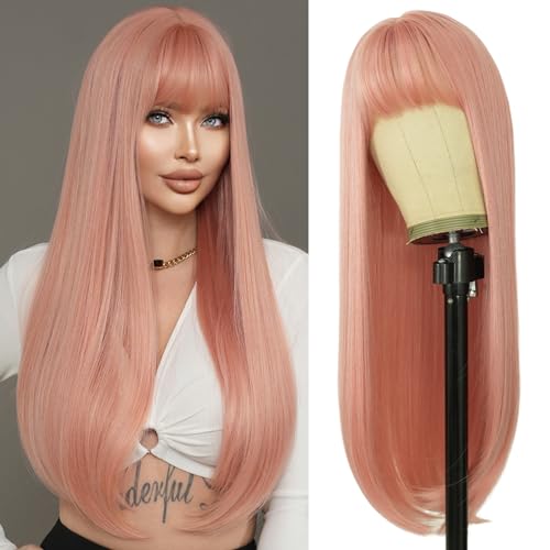 7JHH WIGS Long Straight Light Pink Wig with Bangs 28in Wig with Pale Orange Natural Heat Resistant...
