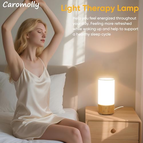 Caromolly Light Therapy Lamp, Happy Lamp 10,000 LUX UV Free with 3 Color Temperature & 5 Brightness Level, Full Spectrum Light Wood Base Round Flaxen Fabric Shade for Home, Office, 4" × 8.4” - Image 2