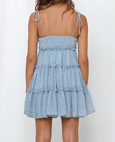 Image of Mansy Womens 2026 Summer Floral Mini Dress Boho Flowy Skater Dresses Short Sleeveless Ruffle Spaghetti Strap Dress