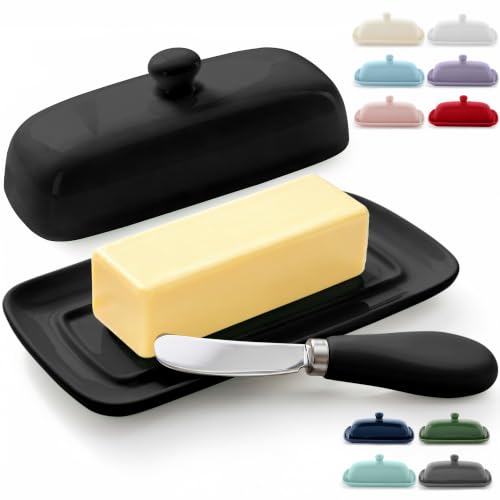 Image of Zulay Kitchen Butter Dish With Lid For Countertop - Porcelain Black, Ceramic Butter Dish with Knob Handle Great for Cooking - Elegant Design Butter Holder - Durable & Sturdy Butter Keeper - Black