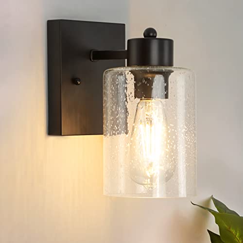 Image of Depuley 1-Light Matte Black Wall Sconces Light Fixtures, Industrial Bathroom Vanity Lighting, Vintage Farmhouse Wall Mount Lamp with Bubbled Glass Shade for Mirror Hallway Kitchen Bedroom, E26 Base