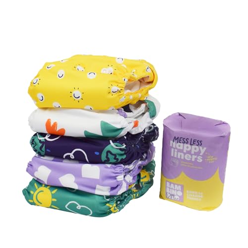 Bambino Mio, Pack de inicio de pañales de tela reutilizables: 5 pañales ajustables + 5 refuerzos de bambú y algodón + 1 rollo de 100 protectores desechables. Valiente