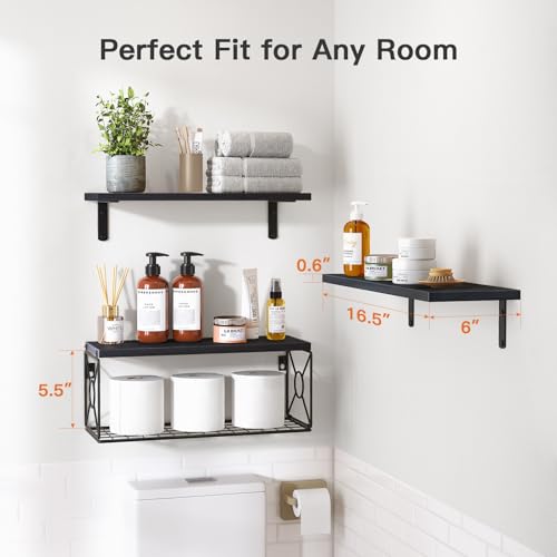 Pipishell Floating Shelves with Wire Strorage Basket, Paulownia Wood Floating Shelves for Home Organization & Wall Decor - Image 3