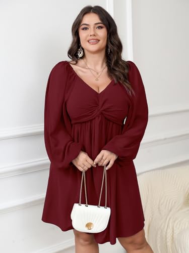Image of SCOMCHIC Women's Plus Size Puff Long Sleeve Dresses Sweetheart Neckline A Line Short Wedding Guest Cocktail Dress
