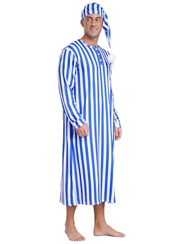 Men's 2Pcs Night Shirts Loose Sleepwear Long Sleeve Striped Nightshirt Nightwear with Hat3