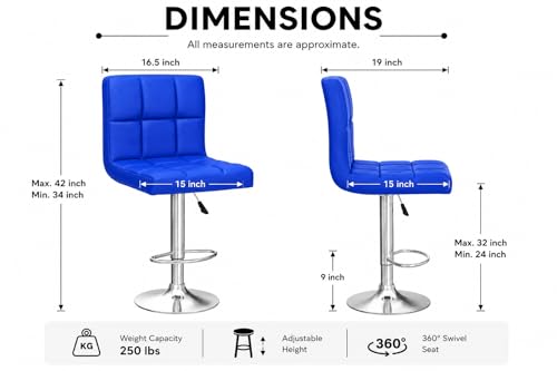 Image of Kemon KaiMeng Modern Adjustable Swivel Bar Stool Chair with Backrest, PU Leather Hydraulic Counter Stool with Footrest for Kitchen Island, Cafe & Home Bar, Blue, Square Tufted Back Stool