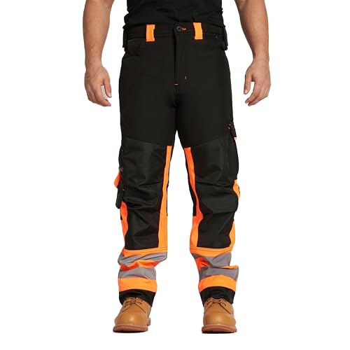 Sam Caan® Hi Vis Mens Work Trousers Softshell Men High Visibility Viz Reflective Water Resistant Cargo Rain Proof Repellent Windproof Safety Site Work Wear Builder Pants Soft Shell Workwear Warm