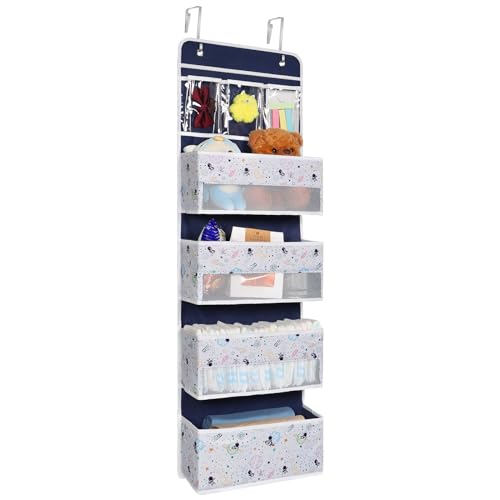 Image of Univivi Over Door Organizer 5-Shelf Nursery Door Hanging Storage Closet with 4 Large Pockets and 3 Small PVC Pockets Over Door Organizer for Baby Essential, Toys and Sundries