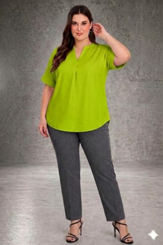 Image of SINDOORI Relaxed Fit Tops for Women Plus Size Solid Printed Mandarin Collar, Band Collar, V-Neck Top, Half Sleeve Loose Fit