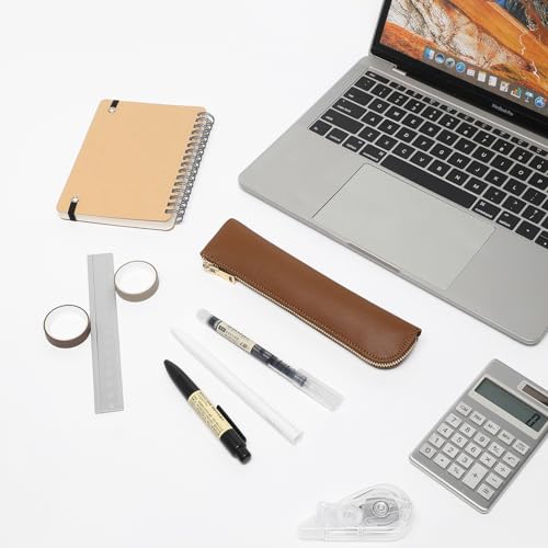 Image of Faux Leather Pencil Case Small Pencil Pouch Slim Pen Case Holder Zipper Bag for School Office(Yellow Brown)
