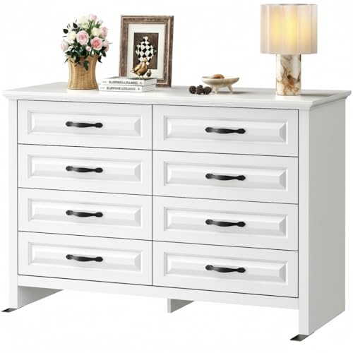 Marsail Farmhouse 8 Drawer Dresser, Wood Chest of Drawers with Natural Texture, Smooth Gliding Drawers, Versatile Storage Organizer Cabinet for Bedroom & Living Room, White