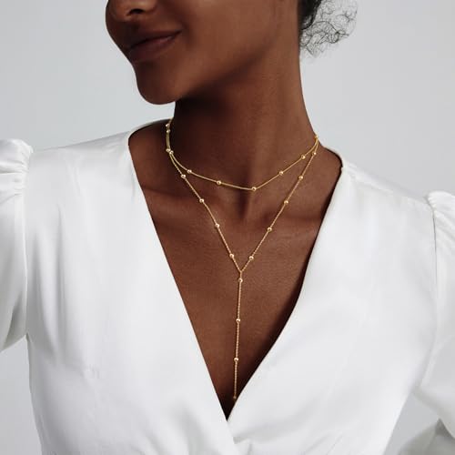 luxval lariat gold necklace for women dainty long necklace 14k gold platedsilver y-shaped pendant necklaces trendy beaded chain drop necklaces jewelry for women gifts