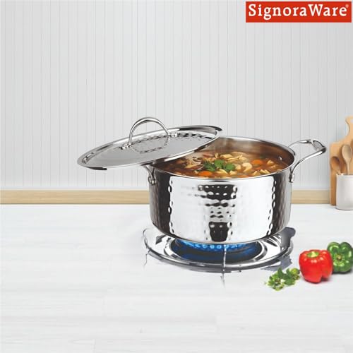 Image of Signoraware Artista Tri Ply Stainless Steel Hammered Stewpot 24cm with Lid | Induction & Gas Compatible | Durable | Perfect for Boiling Vegetables or Pasta | Ideal for Cooking Soups & Stews (Steel)