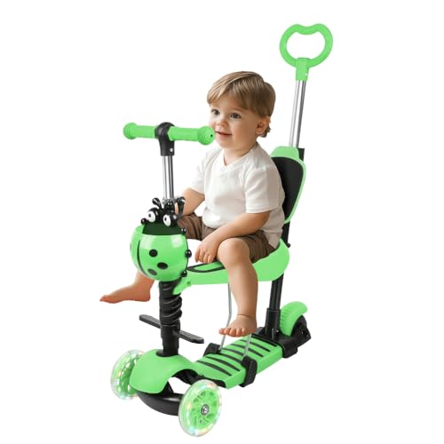 Patinete para niños, patinete 3 ruedas LED, patinete evolutivo 5 en 1 manillar regulable en altura, caña telescópica, sillín extraíble, versátil y extraíble, color verde