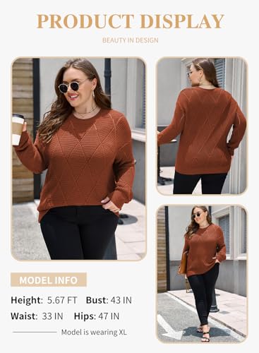 Eytino Plus Size Sweaters for Women Casual Crewneck Long Sleeve Crochet Knit Lightweight Pullover Jumper Tops(1X-5X)3