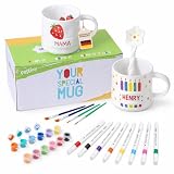 Festicy Set para Pintar Tazas de Cerámica I 2 Tazas de 200 ml con 12 Pinturas, 8 Rotuladores y 4 Pinceles I Kit Manualidades Adultos y Niños I Regalo Original DIY I Manualidades para Casa