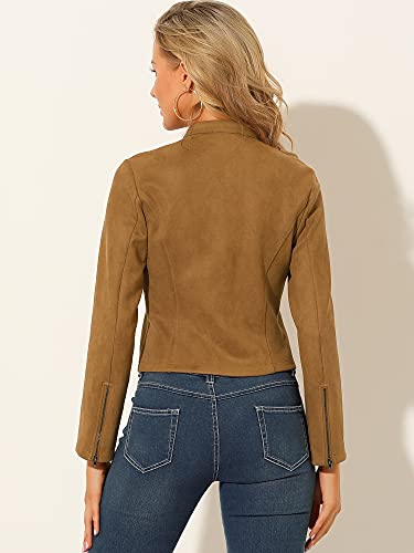 Allegra K Women's Faux Suede Jacket Stand Collar Zip Up Long Sleeve Motorcycle Biker Coat Small Brown #TOP4